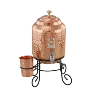 5 Litre Pure Copper Water Dispenser Pot with Stand and 1 Copper Glass Hammered Design, Drinkware & Water Storage Purpose, with Ayurvedic Health Benefits.