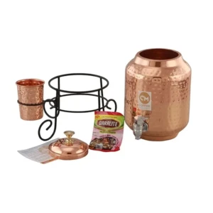5 Litre Pure Copper Water Dispenser Pot with Stand and 1 Copper Glass Hammered Design, Drinkware & Water Storage Purpose, with Ayurvedic Health Benefits.2