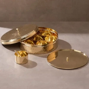 Brass Masala Box for Kitchen with Spoon Masala Dani Spice Box Set Anjarai Petti Masala Dabba (7 Containers 100gm each) 1