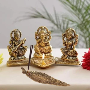 Laxmi Saraswati Idol Action Decorative Platter with Diya and Agarbatti Stand Diwali Gift, Metal 1 Piece 1