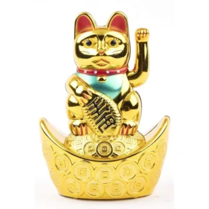 Plastic Feng Shui Vastu Lucky Cat Sitting On Money Ingot Waving Calling Hand 1 PovTaka