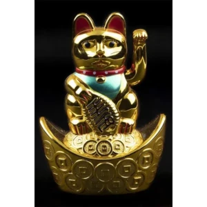 Plastic Feng Shui/Vastu Lucky Cat Sitting On Money Ingot Waving Calling Hand
