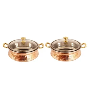 Set of 2 Steel Copper Tuffen Casserole with Glass Lid 700 ML Each - Serving Dishes Home Hotel Restaurant Tableware Dishware1