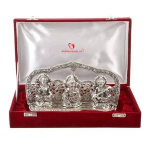 Silver Plated Laxmi Ganesh Saraswati God Idol Statue Oxidized Finish with Beautiful Velvet Box Packing and with Carry Bag 1