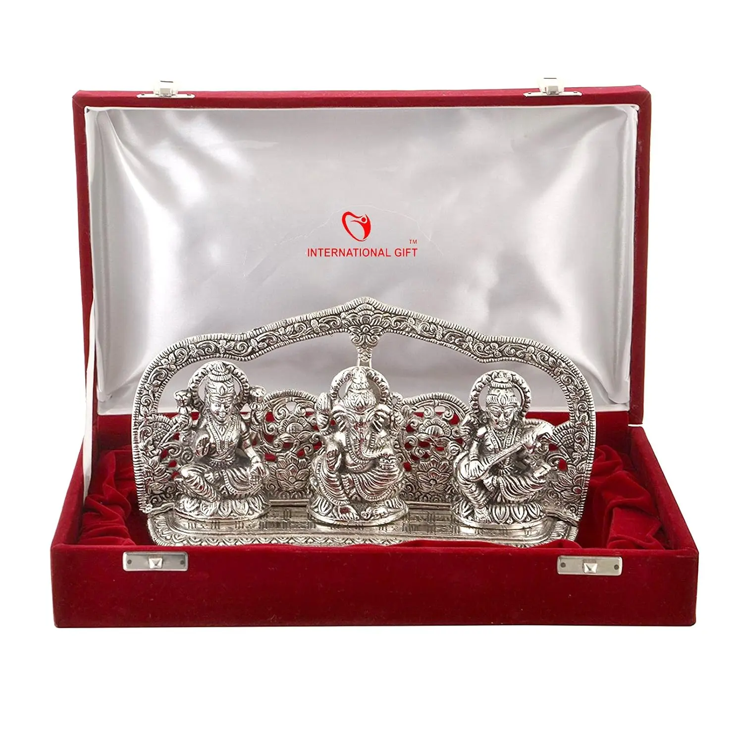 Silver Plated Laxmi Ganesh Saraswati God Idol Statue Oxidized Finish with Beautiful Velvet Box Packing and with Carry Bag 1