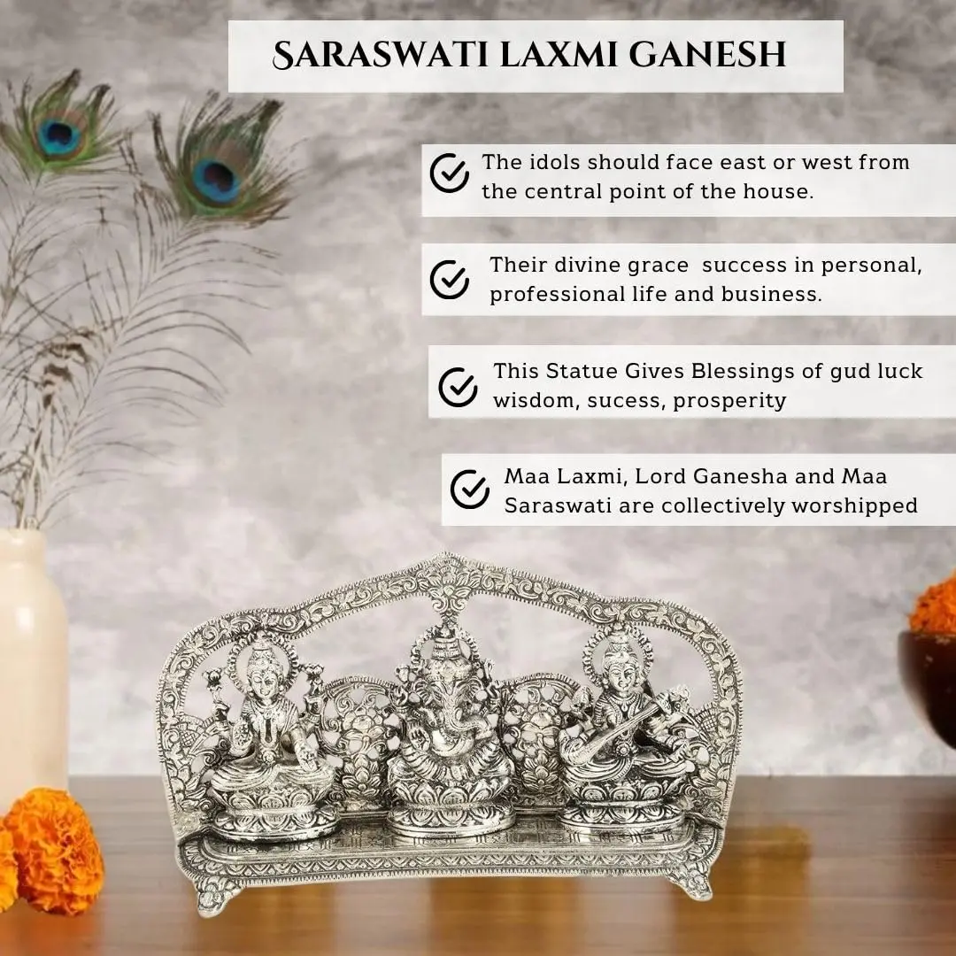 Silver Plated Laxmi Ganesh Saraswati God Idol Statue Oxidized Finish with Beautiful Velvet Box Packing and with Carry Bag 2
