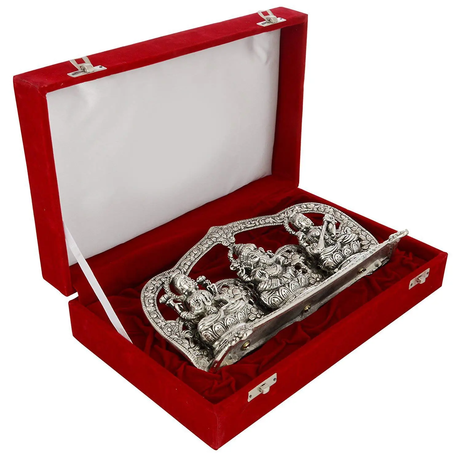 Silver Plated Laxmi Ganesh Saraswati God Idol Statue Oxidized Finish with Beautiful Velvet Box Packing and with Carry Bag 3