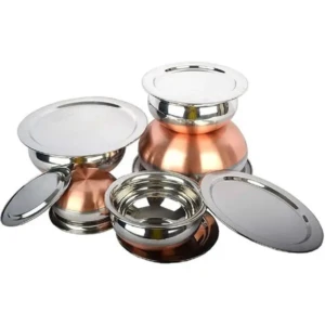 Solid Stainless Steel Copper Bottom Handi, patila,Set with Lid 5 pcs Serving Bowls with Lids Cookware Set Capacity:- 0.5 L,0.8 L,1.2 L,1.5 L,1.8 L,(Silver & Copper)