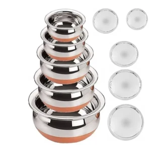 Solid Stainless Steel Copper Bottom Handi, patila,Set with Lid 5 pcs Serving Bowls 1