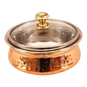 Steel Copper Hammered Serving Handi with Glass Lid for Chicken Biryani, Vegetables, Home, Hotel, Restaurant (Brown, 400 ml )1