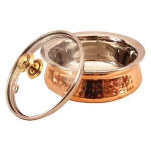 Steel Copper Hammered Serving Handi with Glass Lid for Chicken Biryani, Vegetables, Home, Hotel, Restaurant (Brown, 400 ml )