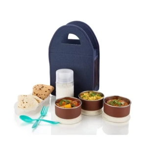 4 in 1 Stainless Steel Lunch Box with Bag 3 Container, 1 Casserole Set with Plastic Bottle and 2 Spoons1