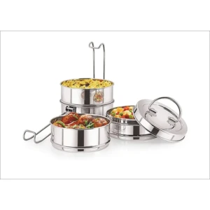 4-Tier Stainless Steel Tiffin Box Lunch Box with Bag (6×4, 1540ml, Dia-10.2Cm, 480 Grams, Silver)
