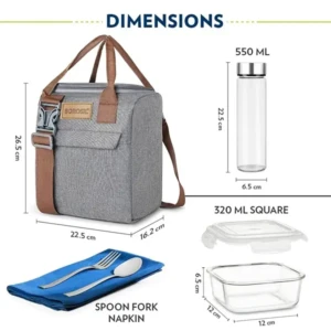 Borosil 7pc Borosilicate Glass Lunchbox 3pc Glass Bottle + Fork & Spoon Set Tiffin for Office, School, College