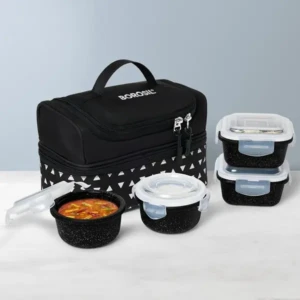 Borosil Black Borosilicate Glass Lunchbox with Bag 4 pc Container Set Microwave & Dishwasher Safe 1