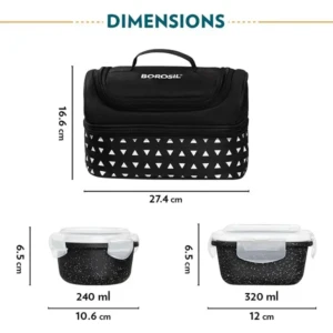 Borosil Black Borosilicate Glass Lunchbox with Bag 4 pc Container Set Microwave & Dishwasher Safe