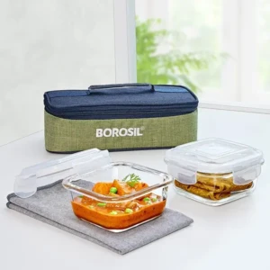 Borosil Lunchbox with Bag 2pc Square Container Set (320ml Each) Borosilicate Glass Tiffin 1