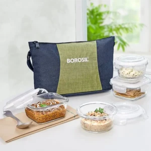 Borosil Lunchbox with Bag 4pc Container Set Borosilicate Glass Microwave & Dishwasher Safe 1