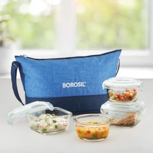 Borosil Lunchbox with Bag 4pc Prime Color Container Set Borosilicate Glass Microwave & Dishwasher Safe