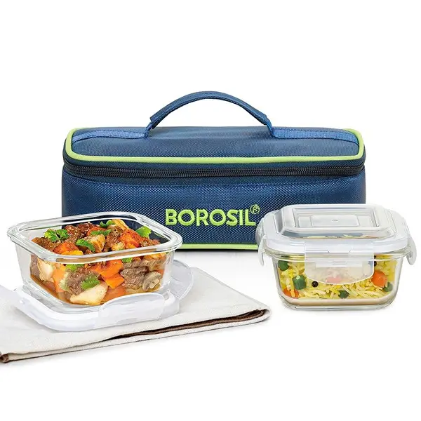 Borosil Lunchbox with Bag Set of 2 Square Container (320ml Each) Borosilicate Glass Microwave & Dishwasher Safe TiffinBox 1