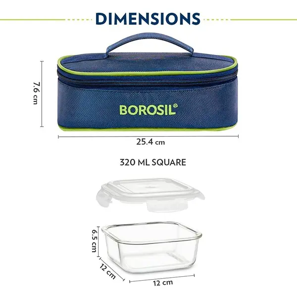 Borosil Lunchbox with Bag Set of 2 Square Container (320ml Each) Borosilicate Glass Microwave & Dishwasher Safe TiffinBox 3