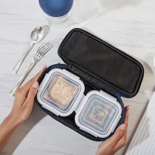Borosil Lunchbox with Bag Set of 2 Square Container (320ml Each) Borosilicate Glass Microwave & Dishwasher Safe TiffinBox 7