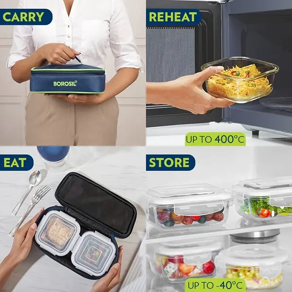 Borosil Lunchbox with Bag Set of 2 Square Container (320ml Each) Borosilicate Glass Microwave & Dishwasher Safe TiffinBox 9