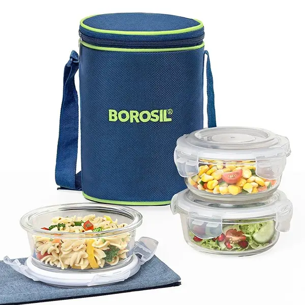 Borosil Lunchbox with Bag Set of 3 (400 ml Each) Borosilicate Glass, Round, Vertical Microwave & Dishwasher Safe 1