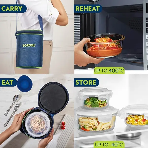 Borosil Lunchbox with Bag Set of 3 (400 ml Each) Borosilicate Glass, Round, Vertical Microwave & Dishwasher Safe 8