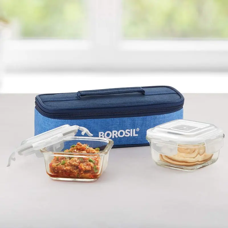 Borosil Prime Glass Lunch Box Set of 2, 320 ml, Horizontal, Microwave Safe office Tiffin, Blue, Transparent2