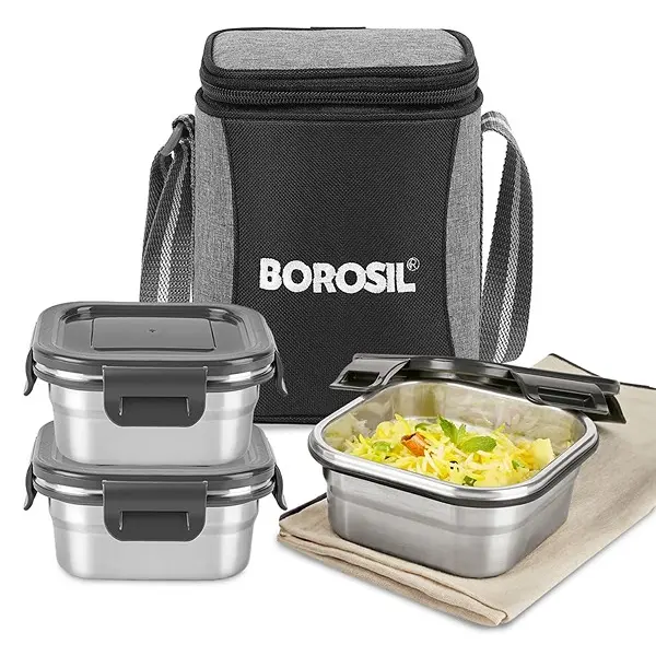 Borosil Stainless Steel Lunch Box with Bag Set of 3 (400 ml Each) Square Tiffin Box for Office, School & College 1