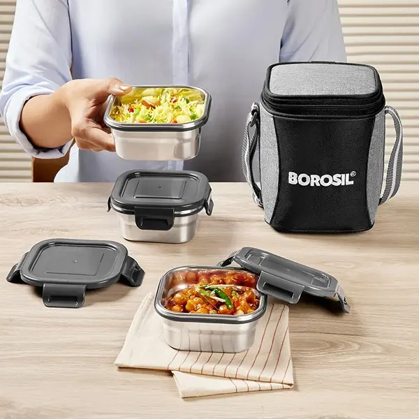 Borosil Stainless Steel Lunch Box with Bag Set of 3 (400 ml Each) Square Tiffin Box for Office, School & College 2