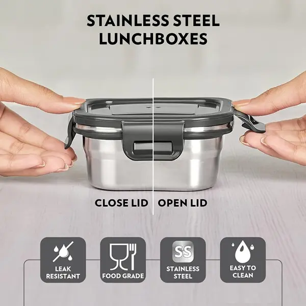 Borosil Stainless Steel Lunch Box with Bag Set of 3 (400 ml Each) Square Tiffin Box for Office, School & College 4