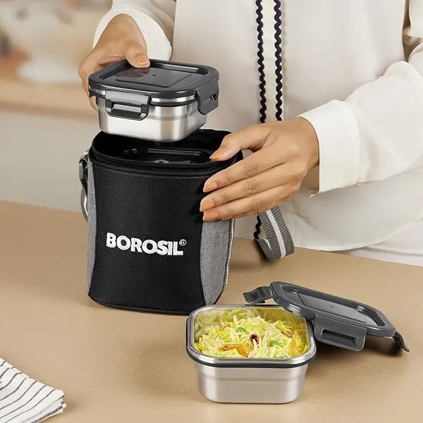 Borosil Stainless Steel Lunch Box with Bag Set of 3 (400 ml Each) Square Tiffin Box for Office, School & College 6