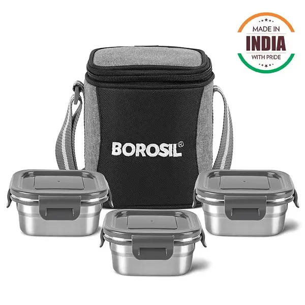 Borosil Stainless Steel Lunch Box with Bag Set of 3 (400 ml Each) Square Tiffin Box for Office, School & College 7