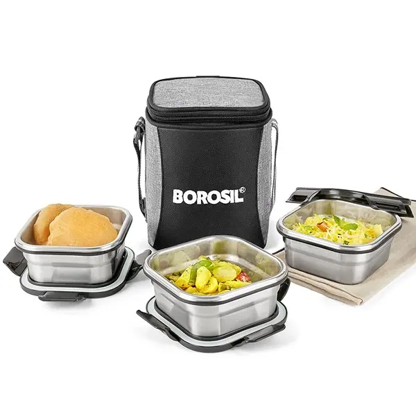 Borosil Stainless Steel Lunch Box with Bag Set of 3 (400 ml Each) Square Tiffin Box for Office, School & College 8