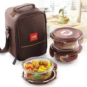 Cello Seal O Fresh Round Borosilicate Microwavable Glass Lunch Box, Brown, 350 ml Each, Set of 31