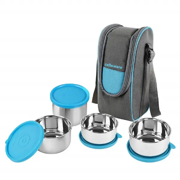 CELLO Steelox Stainless Steel Lunch Box Set of 4 with Bag Blue Tiffin Box with Jacket Leakproof 1