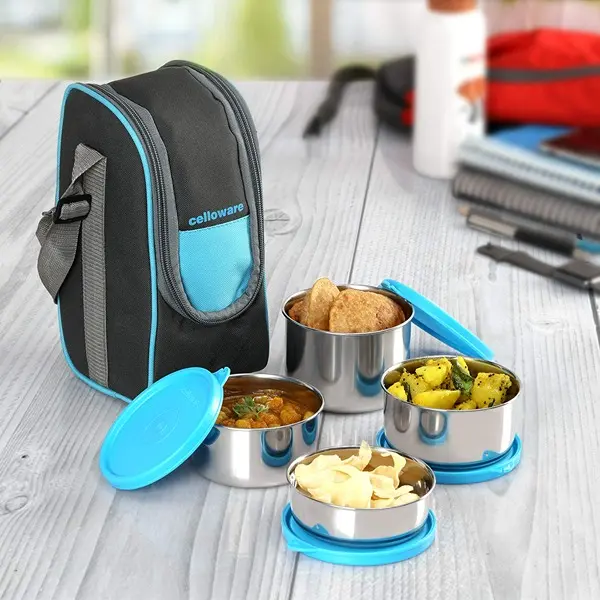 CELLO Steelox Stainless Steel Lunch Box Set of 4 with Bag Blue Tiffin Box with Jacket Leakproof 2