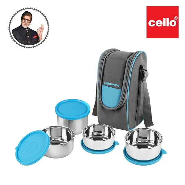CELLO Steelox Stainless Steel Lunch Box Set of 4 with Bag Blue Tiffin Box with Jacket Leakproof 4