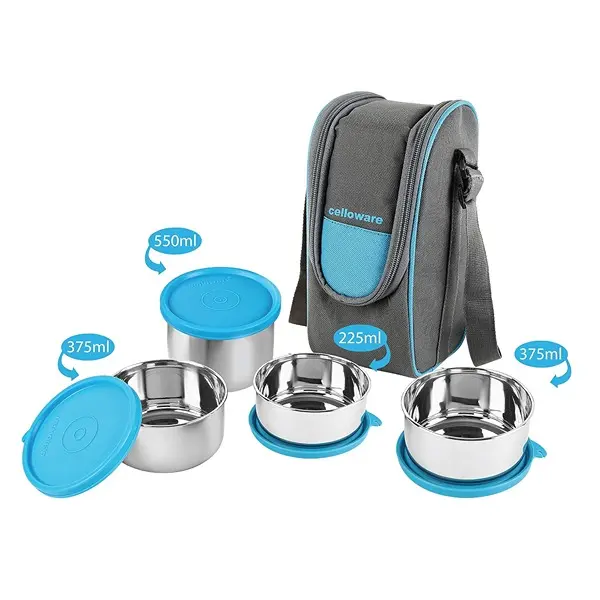 CELLO Steelox Stainless Steel Lunch Box Set of 4 with Bag Blue Tiffin Box with Jacket Leakproof 5
