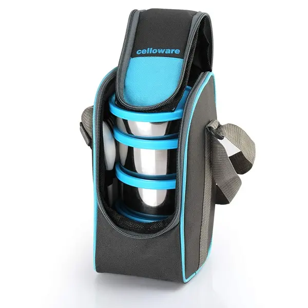 CELLO Steelox Stainless Steel Lunch Box Set of 4 with Bag Blue Tiffin Box with Jacket Leakproof 7