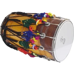 Deluxe Full Size Bhangra DHOL Punjabi Bhangra Natural Wood Natural Polish Free Padded Cover + Accessories 1