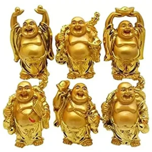 Feng Shui Golden Laughing Buddha Figurine Set for Good Luck Set of 6 StoreEla.com