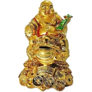 Feng Shui Laughing Buddha with Money Frog On Bed of Wealth for Money, Success and Happpiness
