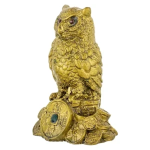 Feng Shui Owl for Money and Wisdom Showpiece – 10 cm, Full Resin, Golden, 1 Piece