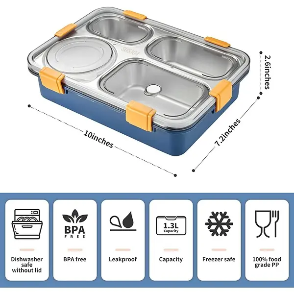 Lunch Box 4 Compartment Leak-Proof BPA Free Stainless Steel Blue 3