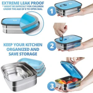 Lunch Box Set of Three Stainless Steel Rectangular Lunch Box Set (Blue)