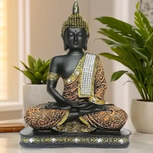 Meditating Sitting Buddha Statue showpiece Idol Home Decor Items for Living Room and Gifts (1, Orange Black)