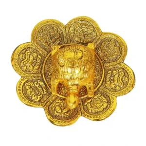 Metal Feng Shui Tortoise On Plate Showpiece – Gold Tortoise for Good Luck Money